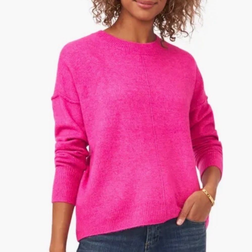 Vince Camuto Exposed Seam Crewneck Sweater Relaxed Fit Bright Pink Size XS/S